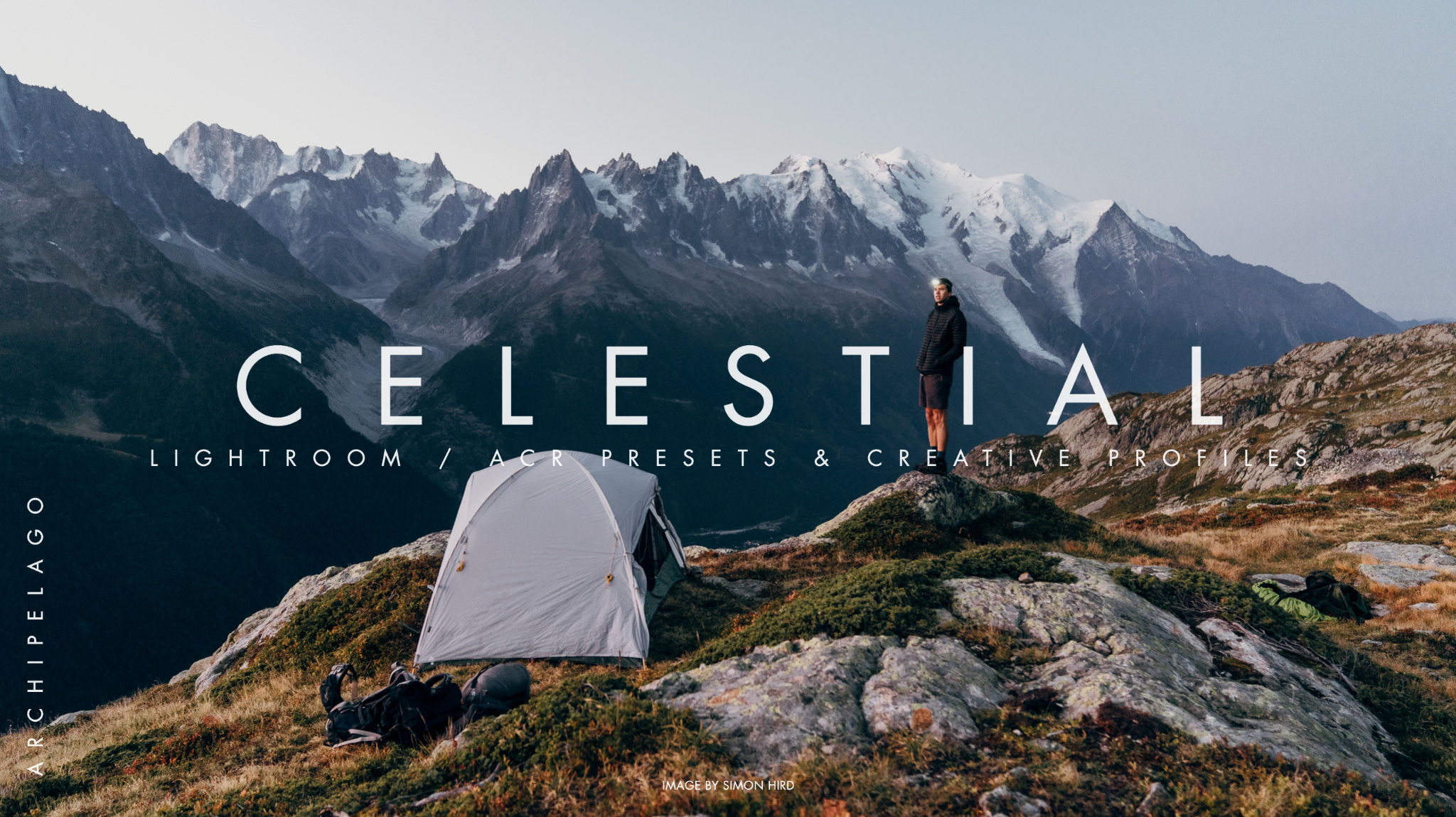A man stands in the mountains next to his tent, an ad for celestial lightroom presets by archipelago presets.
