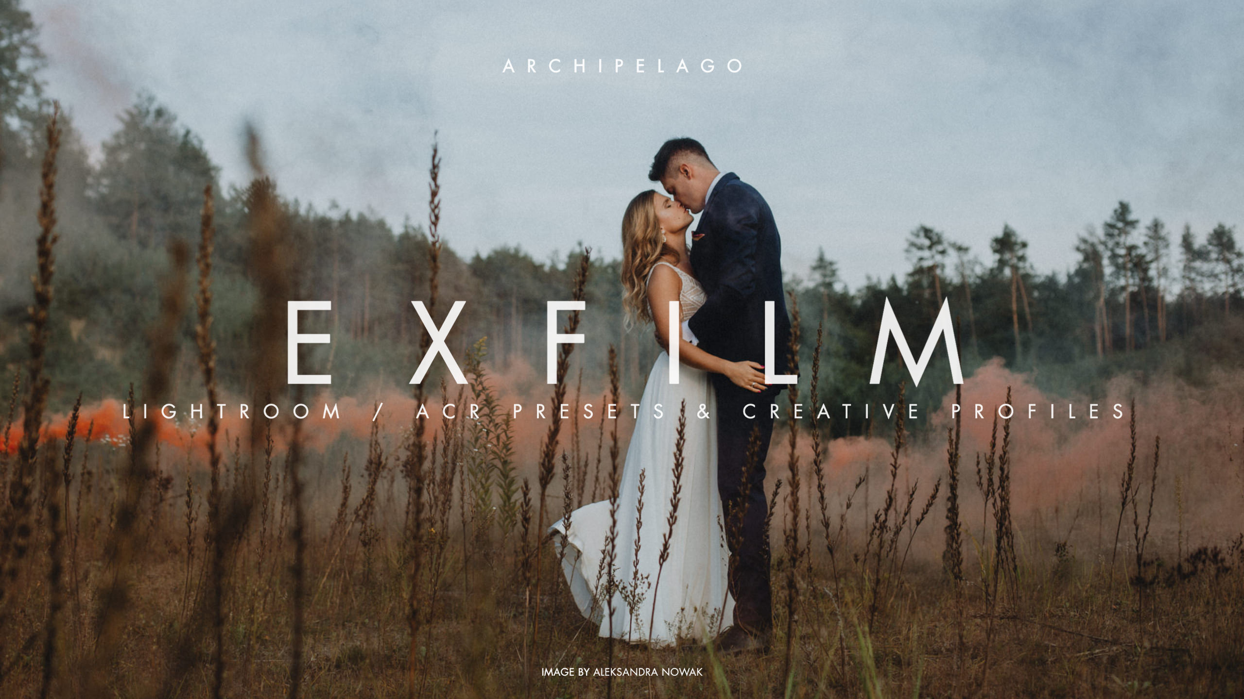 A bride and groom kiss in a field, an ad for exfilm archipelago presets for lightroom.