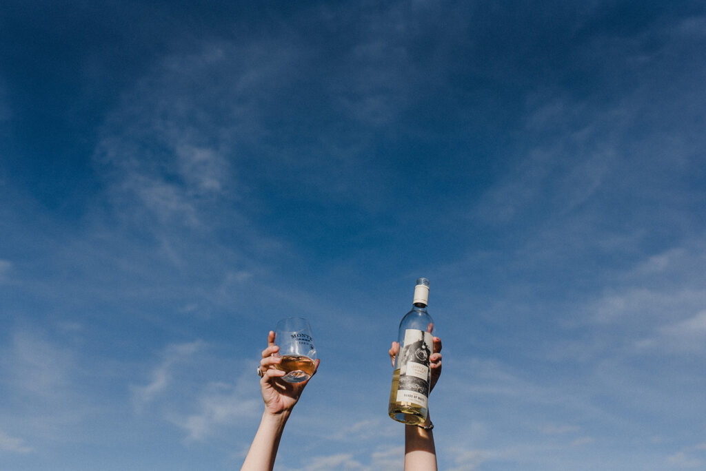 two hands raised in the air holding a glas of wine and a wine bottle against a blue sky with whispy clouds celebrating Meet Pepper Newsletter Services.