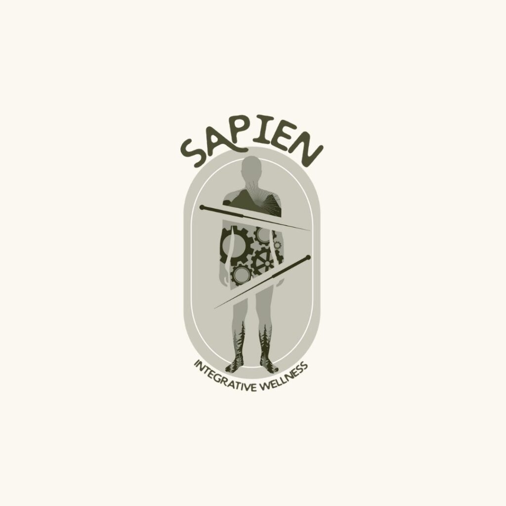 sapien integrative wellness logo showing a man's outline cut into three sections with the middle showing the inside of the man and the upper and lower sections showing the outside