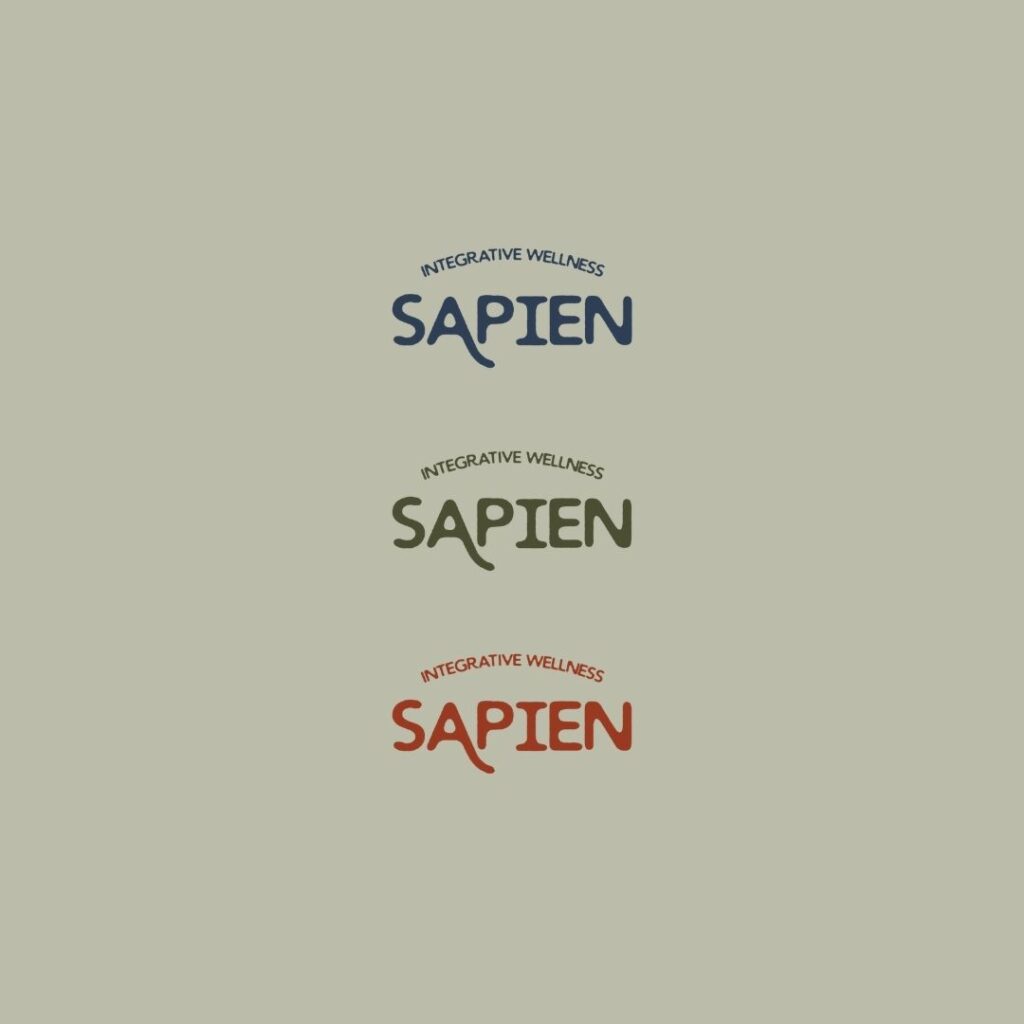 three different coloured version of sapien integrated wellness written logos 