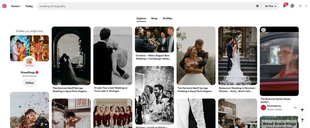 The results that show when searching for "wedding photography" on Pinterest, an important photography marketing idea in 2022.
