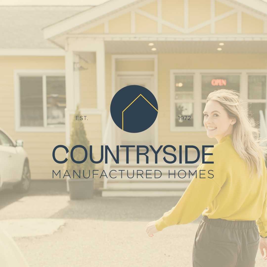 The new logo set over branding photos as part of the new branding services for Countryside Manufactured Homes in Kamloops, branding created by Meet Pepper.