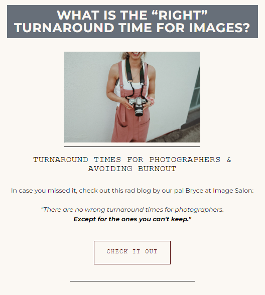 An example of how to showcase your photography blog in a newsletter in order to keep your audience engaged and encourage traffic to your photography website. 