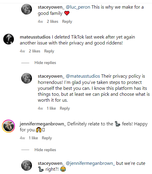 Comments of engaged followers on an Instagram post about social media burnout created by Stacey Owen and Meet Pepper. 