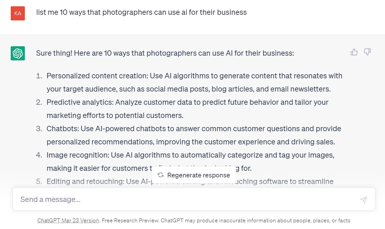 A prompts and answer in ChatGPT about how photographers can use AI text generators in their marketing to promote their photography business. 