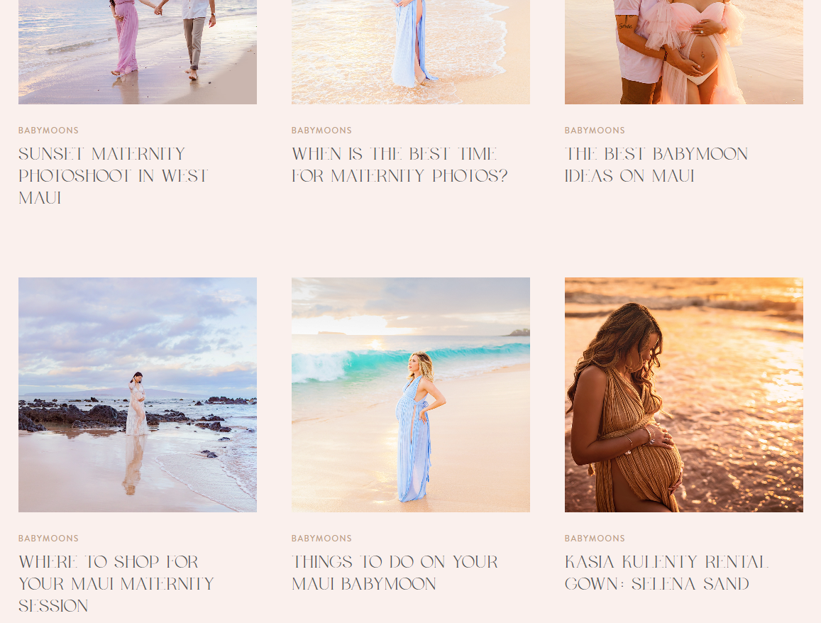 A menu of six blog articles on love and water photography's website, showing how blogging can be used for great SEO for photographers.