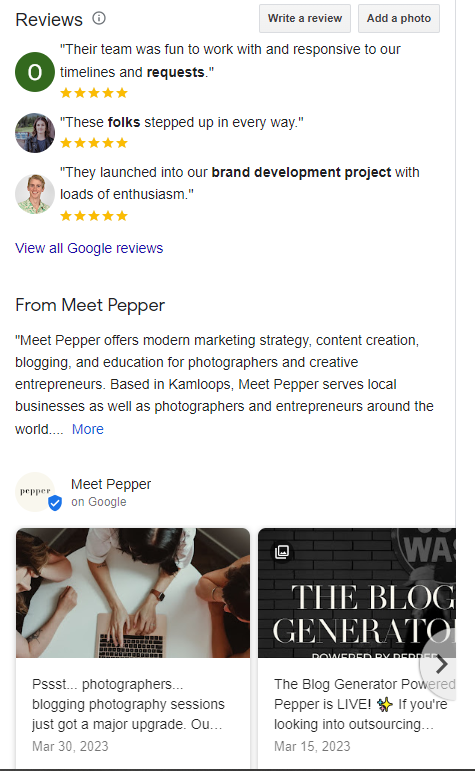 A screenshot showing the reviews and updates sections of Meet Pepper's Google Business Profile, to show photographers how to use google business profile for seo.
