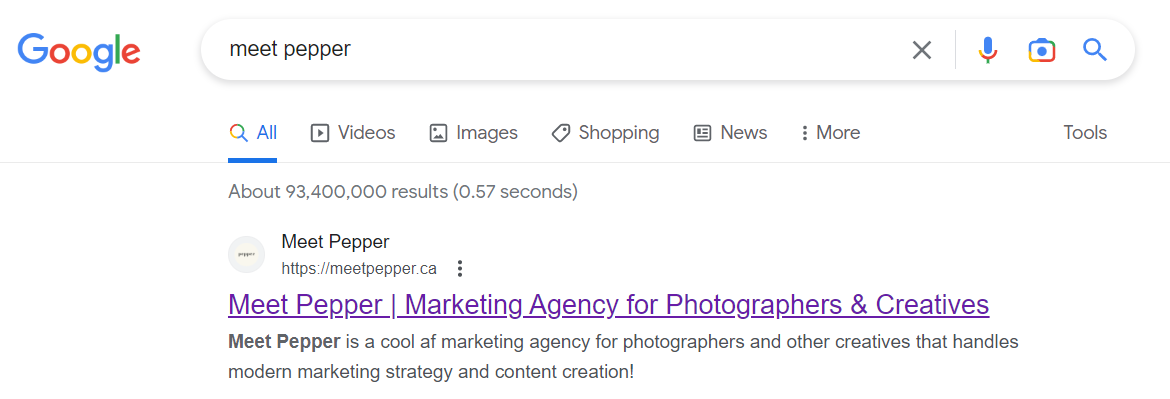 A proper SEO title and meta description for Google search results for meet pepper, a marketing agency for photographers.