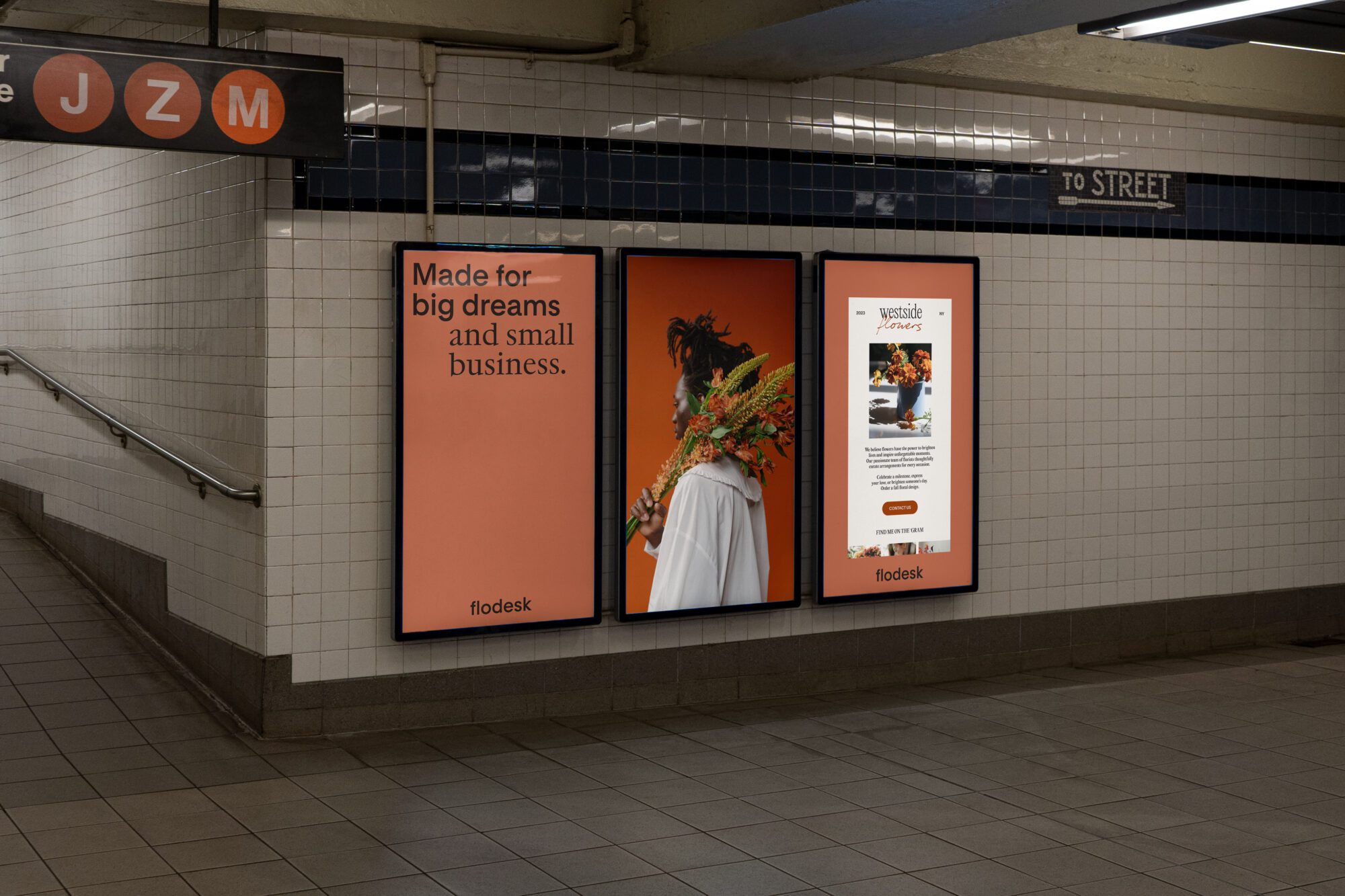 billboard advertising in subway of flodesk and why it's the best email marketing platform for small businesses.