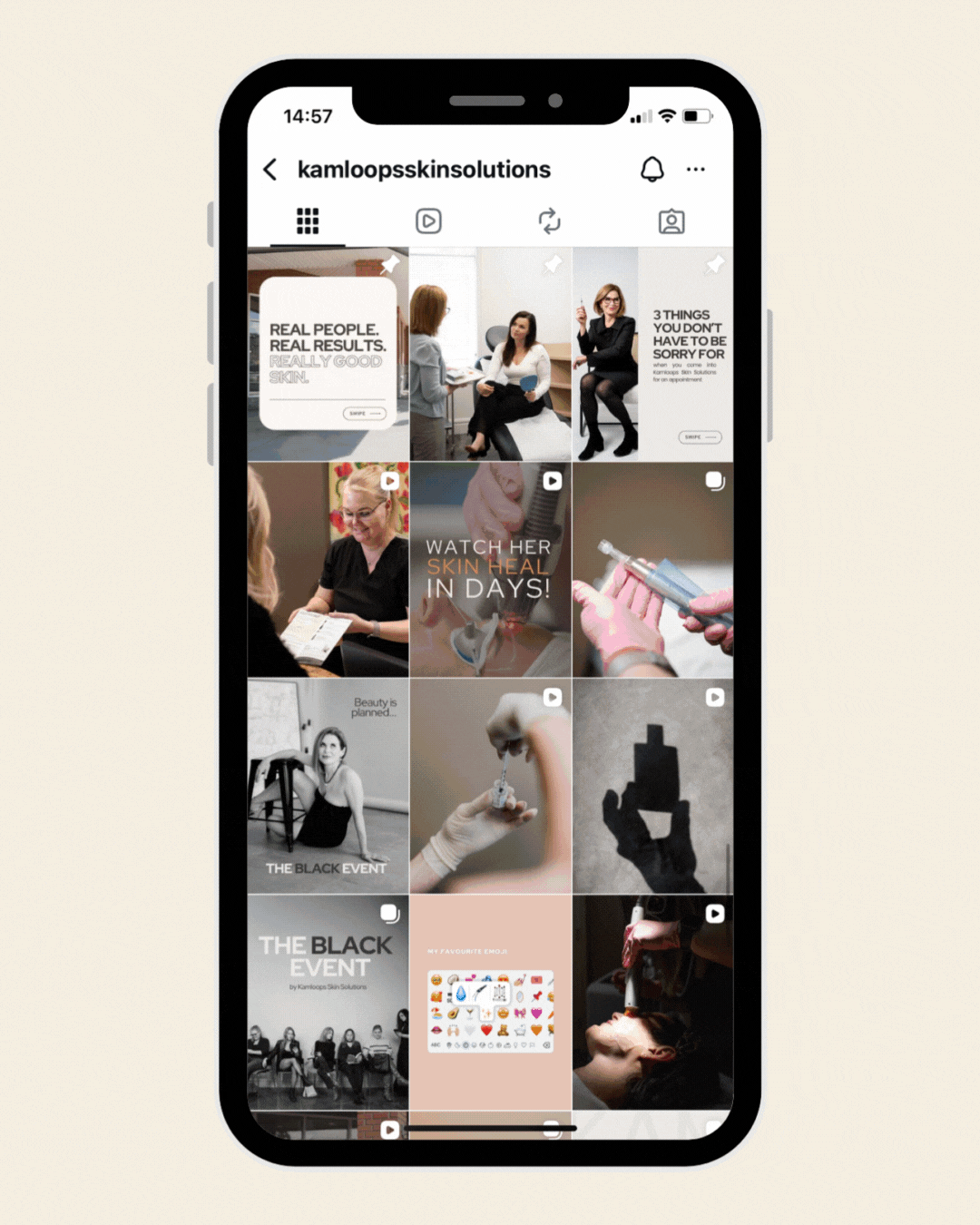 Smartphone displaying a curated Instagram feed for social media marketing and content strategy