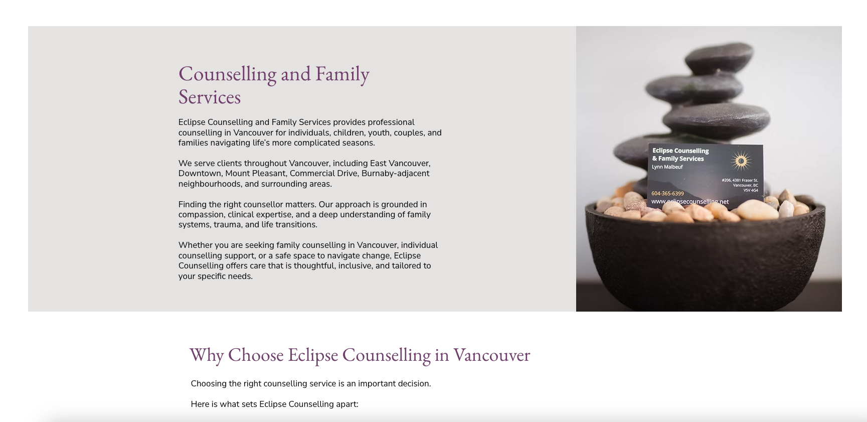 Modern counselling website layout by Pepper for Eclipse Counselling and Family Services