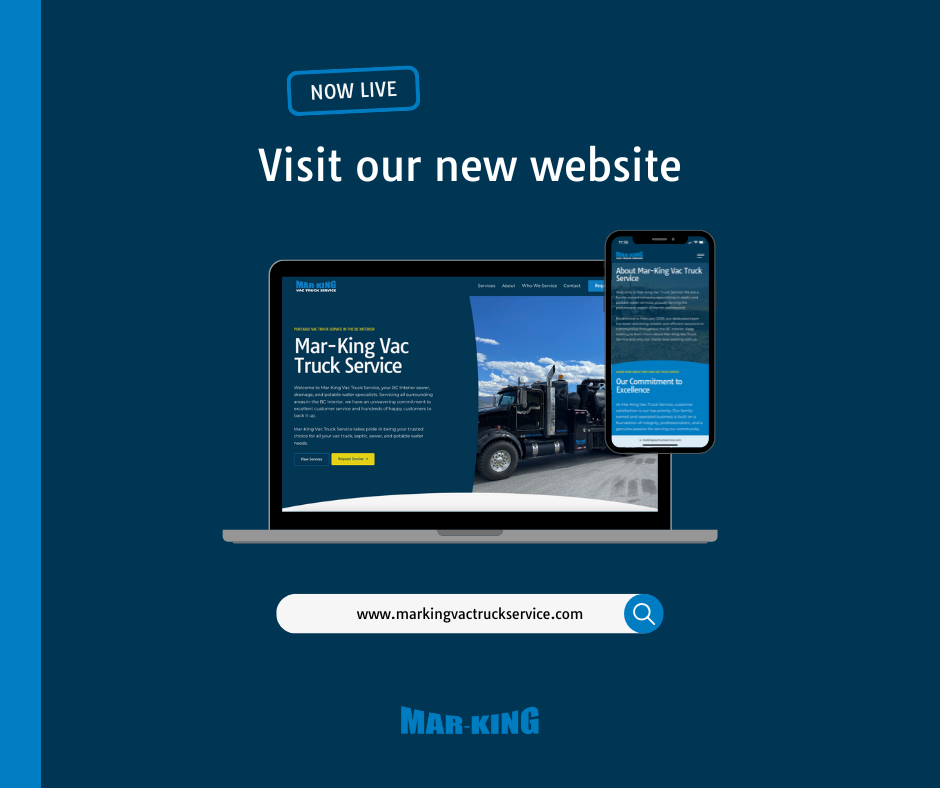 Promotional graphic showing Mar-King Vac Truck Service website on laptop and mobile with text “Now live – Visit our new website” and URL displayed.