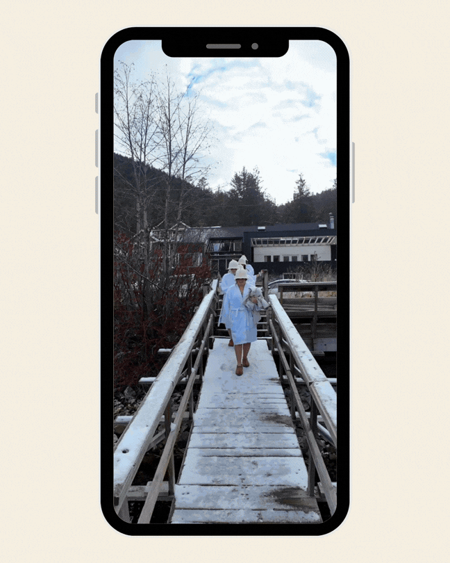 Guests moving through The Spot’s hydrotherapy experience, including sauna sessions, cold plunges, and lakeside downtime.