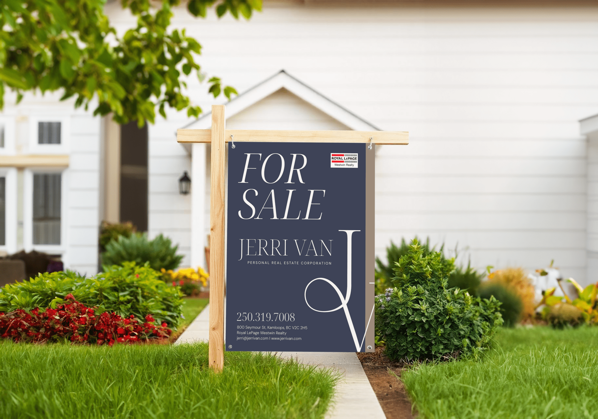 Jerri Van PREC for sale sign mockup in front of a residential home, featuring navy branding, elegant serif typography, JV monogram, and Royal LePage Westwin Realty logo.