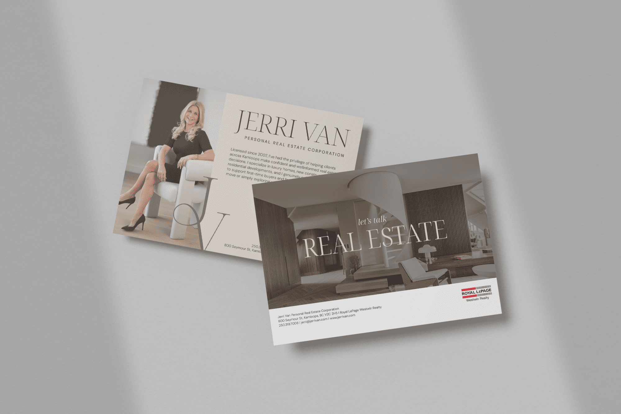 Jerri Van PREC postcard mockup featuring professional real estate branding, portrait photography, elegant serif typography, warm interior imagery, and contact information.