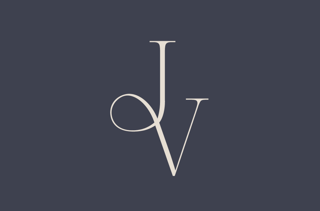 Jerri Van PREC JV monogram logo on a navy background, featuring elegant serif letterforms in a soft beige tone.