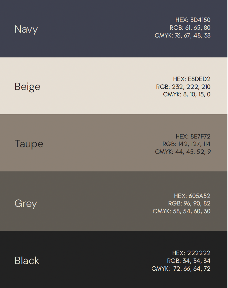 Jerri Van PREC brand colour palette featuring navy, beige, taupe, grey, and black with HEX, RGB, and CMYK colour values.