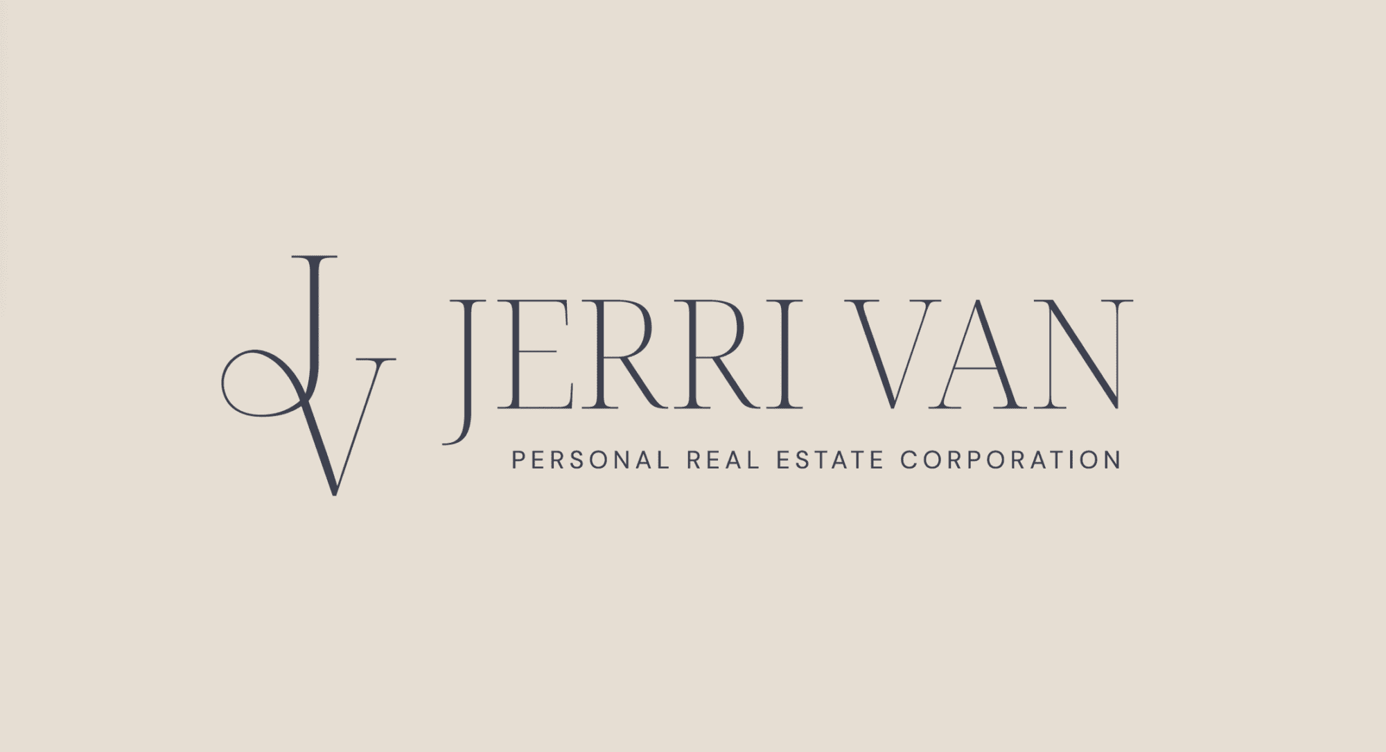 Jerri Van PREC logo lockup on a beige background, featuring the JV monogram, elegant serif wordmark, and Personal Real Estate Corporation tagline.
