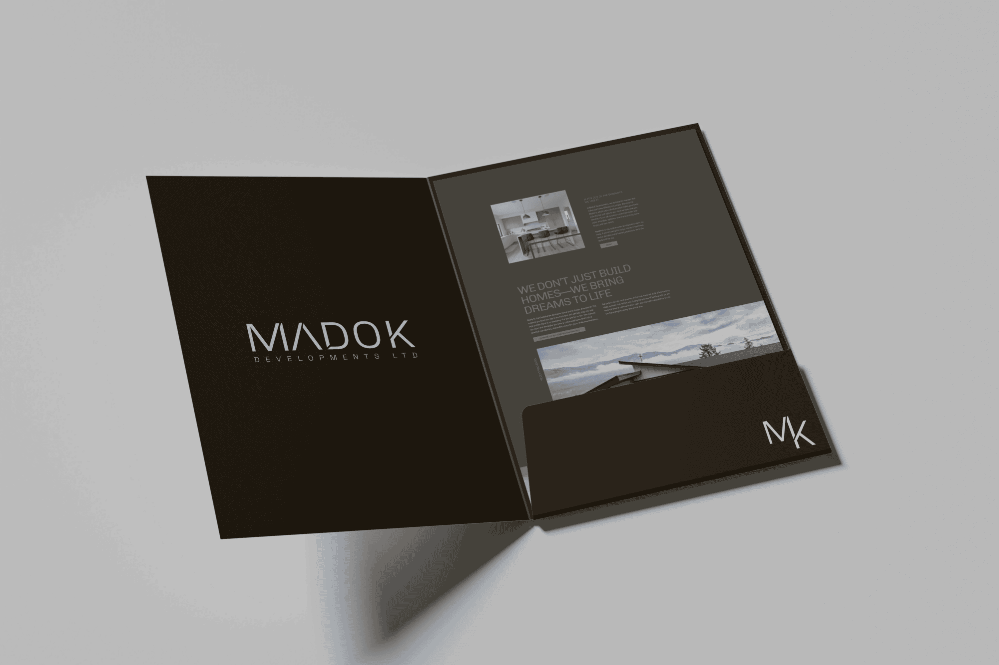 Branded Madok Developments presentation folder featuring the logo, colour palette, and visual identity created by Pepper.