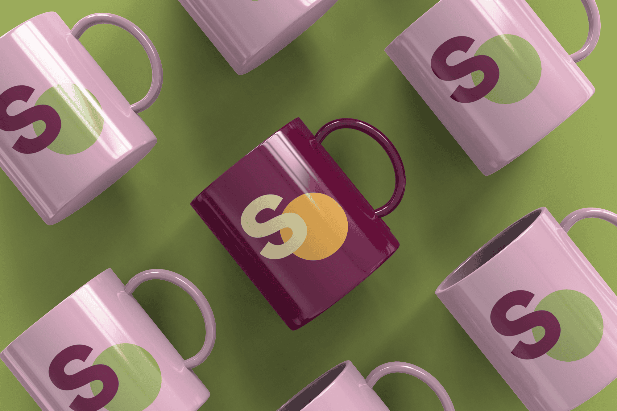 Pink and burgundy Smart Options mugs featuring the refreshed SO logo created by Pepper as part of the company’s Brand Refresh.