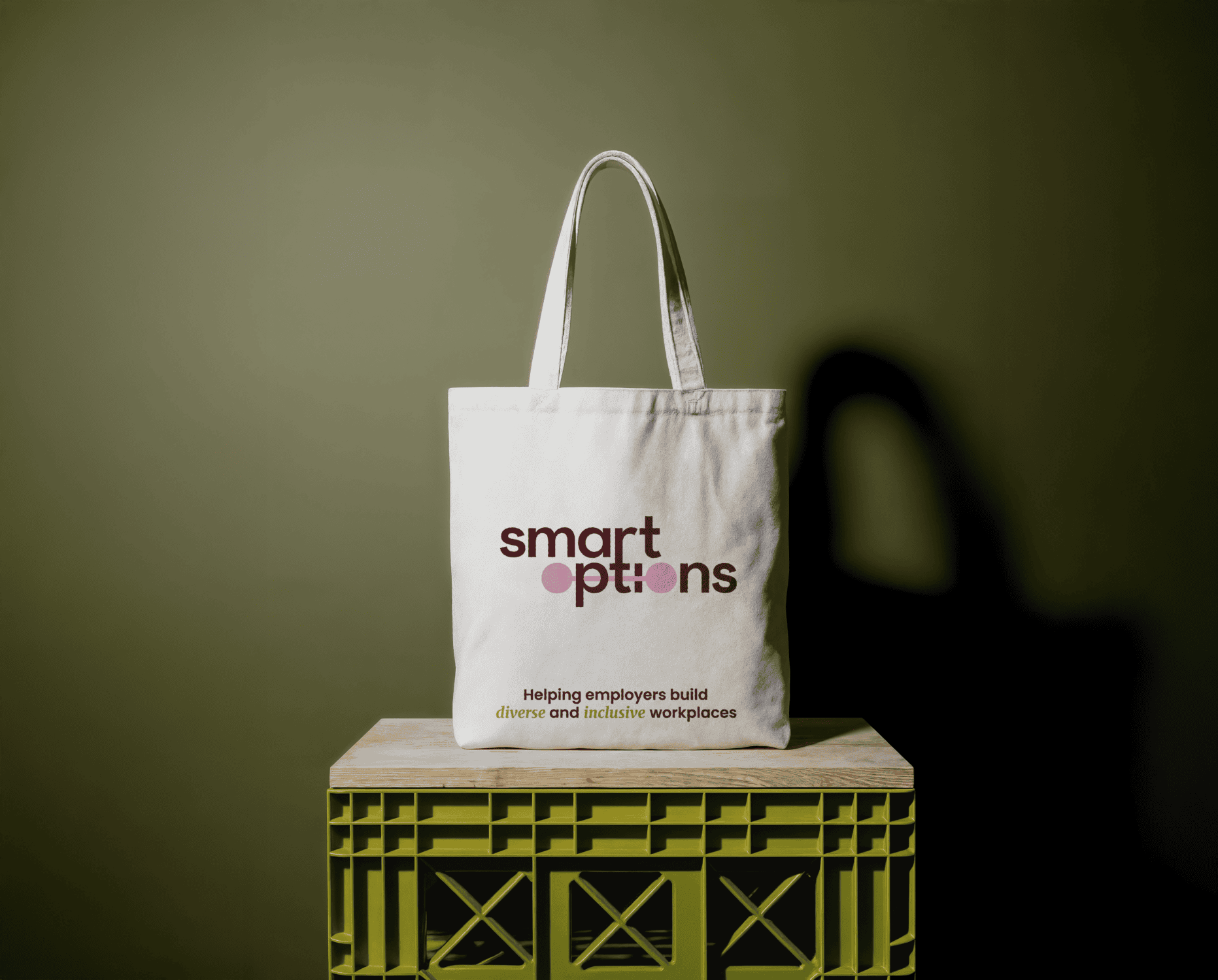 White Smart Options tote bag featuring the refreshed logo and inclusive workplace messaging created by Pepper as part of the company’s Brand Refresh.