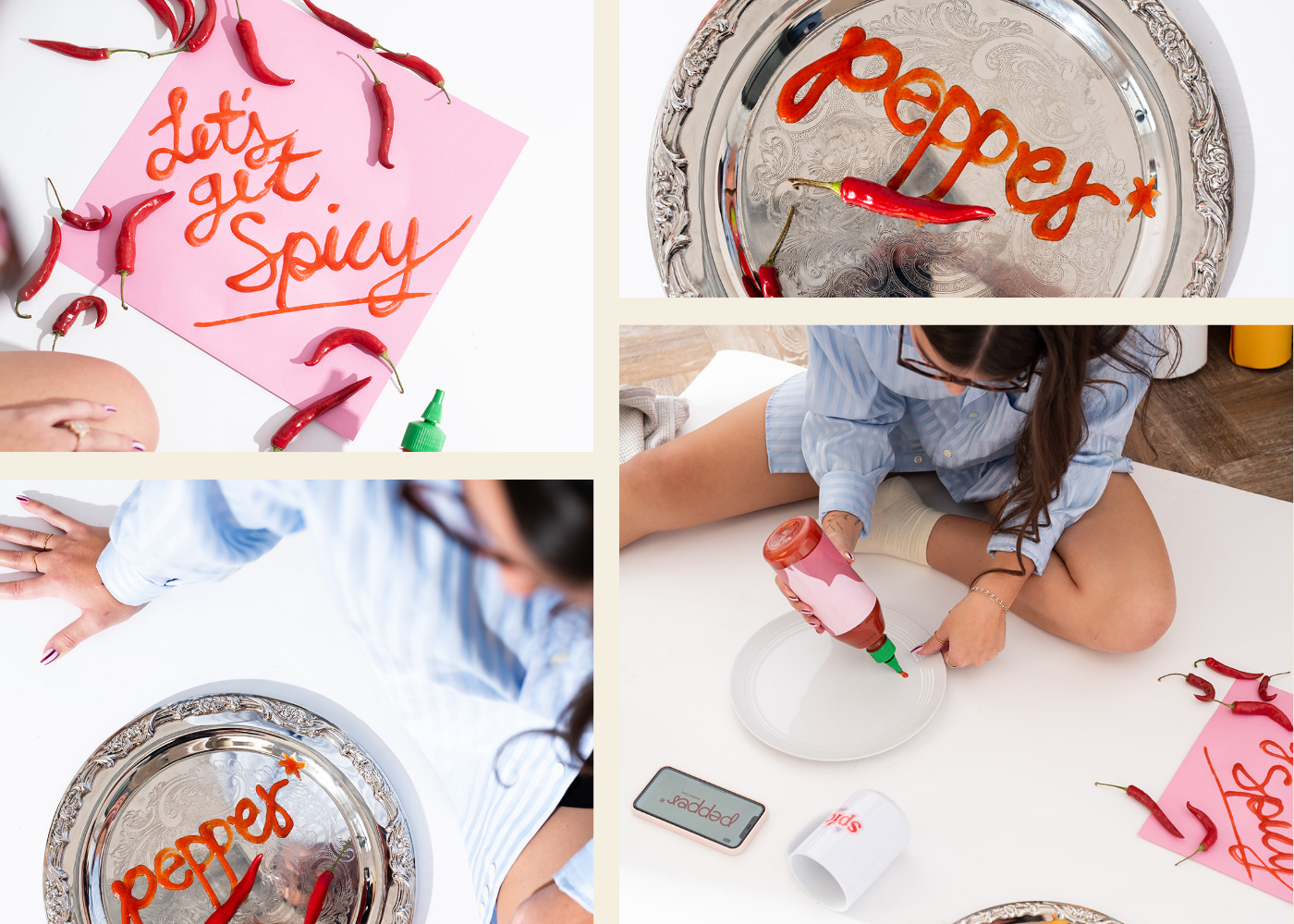 Pepper Marketing creative brand photos featuring red chili peppers, handwritten Pepper branding, styled props, and behind-the-scenes content creation.