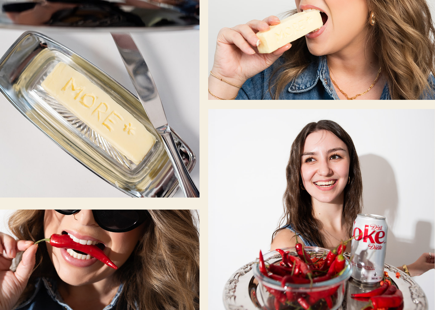 Pepper Marketing brand photography featuring playful food styling, red chili peppers, branded props, and team portraits used across marketing content.